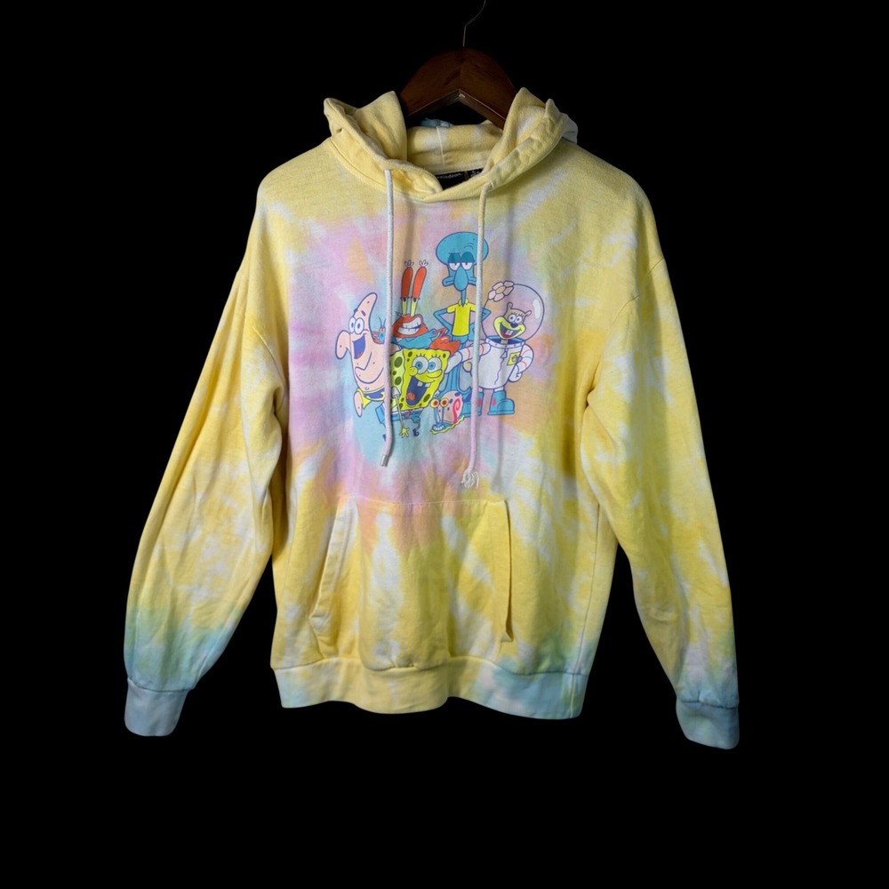 Nickelodeon SpongeBob Hoodie Yellow Tie Dye Graphic Print Distressed Size L